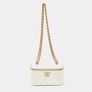 Chanel Off White Quilted Leather Vanity Case Chain Bag