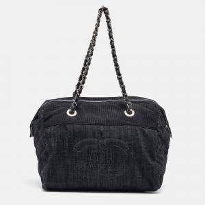Pre Owned Chanel Dark Blue Quilted Denim Bowler Bag