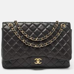 Pre Owned Chanel Black Quilted Lambskin Leather Maxi Classic Single Flap Bag