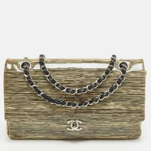 Pre Owned Chanel Cream Striped Patent Leather Medium Classic Double Flap Bag