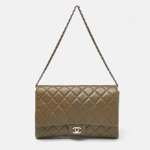 Pre Owned Chanel Olive Green Quilted Leather Chain Flap Bag