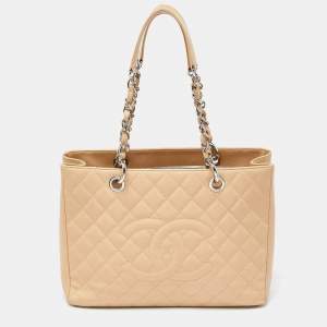 Chanel Beige Quilted Caviar Leather Grand Shopper Tote