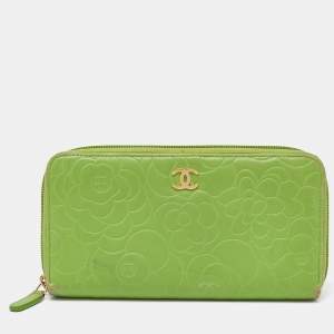 Chanel Green Leather Camellia Zip Around Wallet