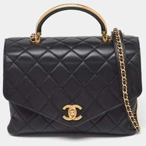 Pre Owned Chanel Black Quilted Leather Flap Gold Top Handle Bag