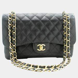 Chanel Black Caviar Leather Large Classic Double Flap Shoulder Bag