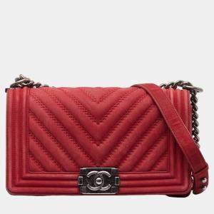 Chanel Red Suede Chevron Medium Le Boy Flap Bag