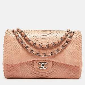 Pre Owned Chanel Peach Python Jumbo Classic Double Flap Bag