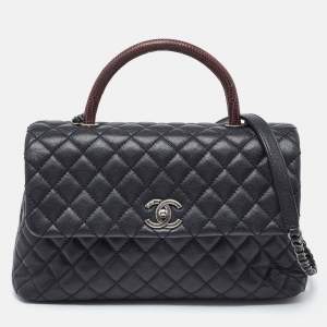 Chanel Black/Red Quilted Caviar Leather and Lizard Medium Coco Top Handle Bag