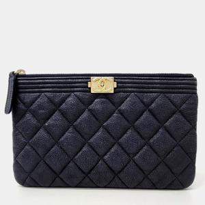 Pre Owned Chanel Navy Blue Caviar Leather Boy Clutch Bag