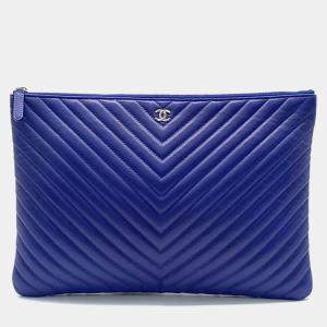 Pre Owned Chanel Blue Leather Chevron Clutch Bag