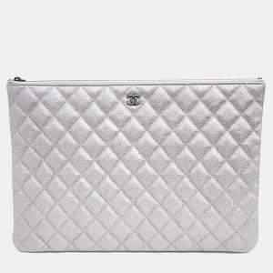 Chanel Silver Caviar Leather Clutch Bag