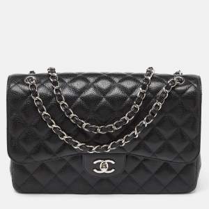 Pre Owned Chanel Black Caviar Quilted Leather Jumbo Classic Double Flap Bag