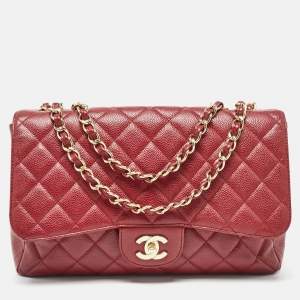 Pre Owned Chanel Red Quilted Caviar Leather Jumbo Classic Single Flap Bag