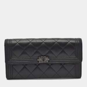 Chanel Black Quilted Leather Large Boy Gusset Flap Wallet