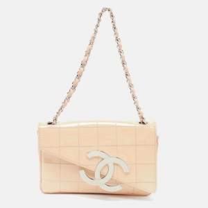 Pre Owned Chanel Peach Square Quilt Patent Leather Diagonal CC Flap Bag