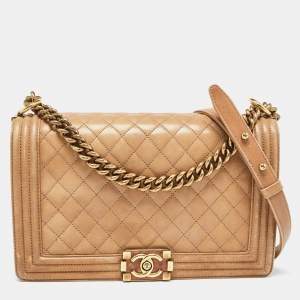 Pre Owned Chanel Brown Marble Effect Quilted Leather New Medium Boy Flap Bag