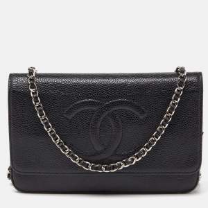 Chanel Black Quilted Caviar Leather Classic Wallet On Chain