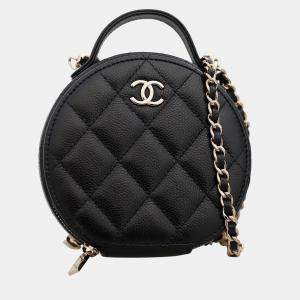 Pre Owned Chanel Black Leather Round Top Handle Vanity Bag