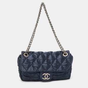 Chanel Navy Blue Quilted Satin Medium Classic Single Flap Bag