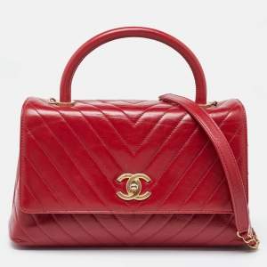Pre Owned Chanel Red Chevron Quilted Leather Small Coco Top Handle Bag