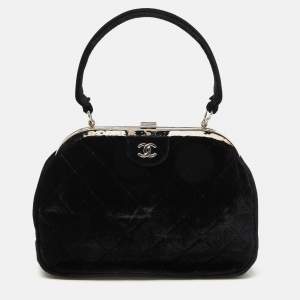 Pre Owned Chanel Black Quilted Velvet CC Frame Top Handle Bag