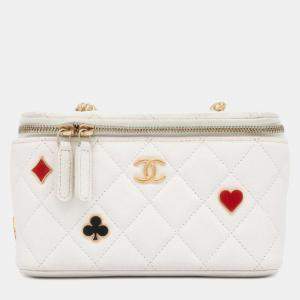 Chanel White Caviar Leather Trump Vanity Chain Shoulder Bag 