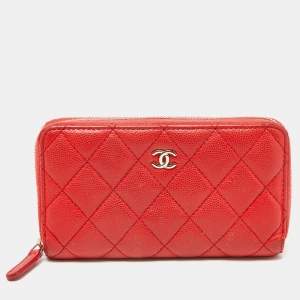 Chanel Orange Quilted Caviar Leather Zip Around Wallet