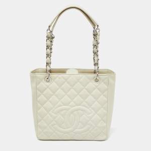 Chanel Ivory Quilted Caviar Leather Petite Shopping Tote