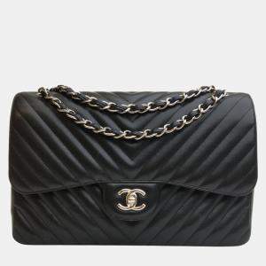 Chanel Black Leather Chevron JUmbo Classic Double Flap Shoulder Bag