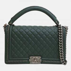 Chanel Green Leather Chain around Medium Boy Top Handle Bags