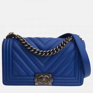 Chanel Blue Calfskin Old Medium Chevron Boy Bag 