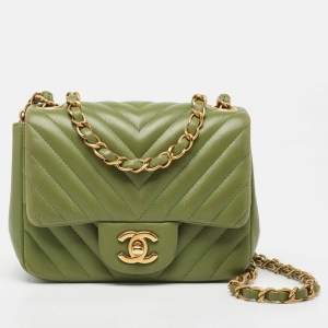 Pre Owned Chanel Olive Green Chevron Leather Mini Classic Flap Bag