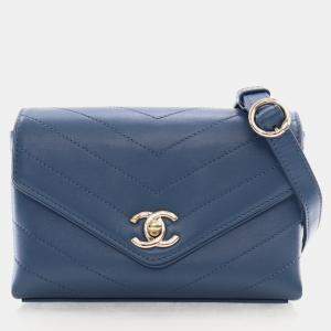 Chanel Blue Calfskin Chevron Stitched Coco Waist Bag 