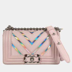 Chanel Pink Calfskin Leather Small Chevron Boy Bag