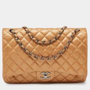 Chanel Orange Quilted Caviar Leather Maxi Classic Double Flap Bag