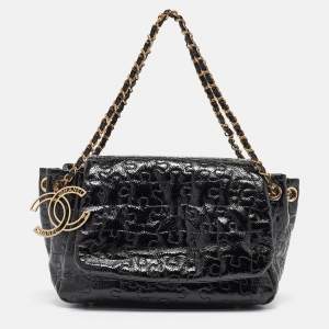 Pre Owned Chanel Black Patent Leather Puzzle Accordion Flap Bag