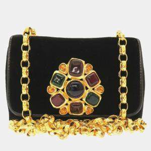 Chanel Black Suede Multicolor Stone Gold Chain Shoulder Bag 