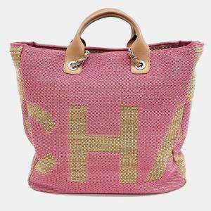 Chanel Pink/Beige Raffia Deauville Tote Bag