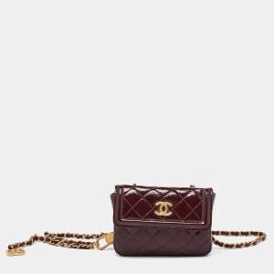 Pre Owned Chanel Red Quilted Patent Leather CC Mini Chain Belt Bag