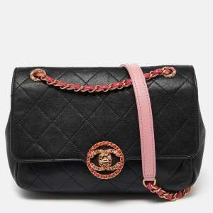 Pre Owned Chanel Black/Pink Quilted Leather CC Chain Logo Shoulder Bag