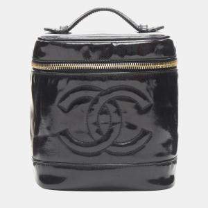 Chanel Vintage Black Patent Leather CC Logo Top Handle Vanity bag