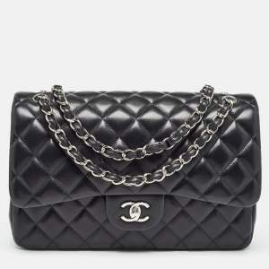 Pre Owned Chanel Black Quilted Leather Jumbo Classic Double Flap Bag