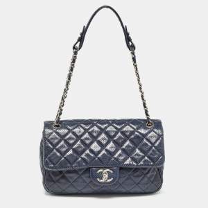 Pre Owned Chanel Navy Blue Perforated Leather Punch Flap Bag