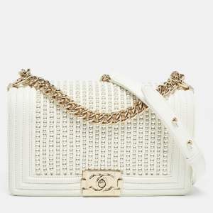 Chanel White Pearl Embellished Leather Medium Boy Flap Bag