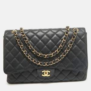 Pre Owned Chanel Black Quilted Caviar Leather Maxi Classic Single Flap Bag