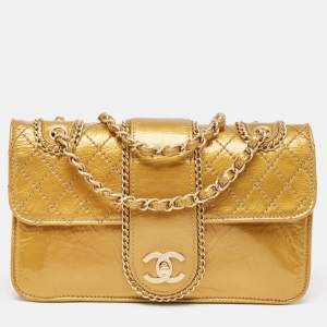 Pre Owned Chanel Gold Quilted Patent Leather Medium Madison Flap Bag