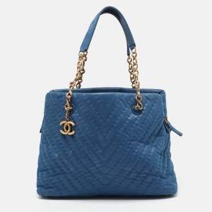 Chanel Blue Iridescent Chevron Leather CC Charm Chain Bag