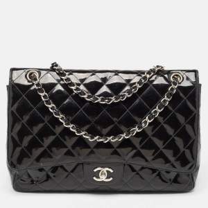 Pre Owned Chanel Black Quilted Patent Leather Maxi Classic Single Flap Bag
