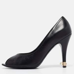 Pre Owned Chanel Black Leather Peep Toe Pumps Size 37.5
