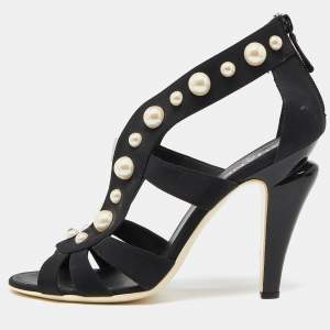 Chanel Black Fabric Faux Pearl Embellished Open-Toe Sandals Size 40